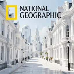 a futuristic technological, cyber, victorian city street, national geographic cover, award winning, 4 k, smooth, bright, light, victorian, futuristic, cyber, white, white victorian buildings,