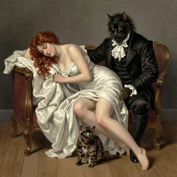 seductive woman undressing a cat lord from victorian england