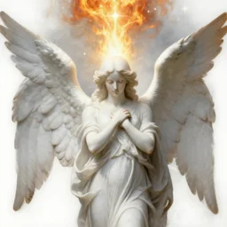 realistic detailed painting 3 / 4 portrait of white angel with clean narrow face like noface and super giant wings from the light, by jan van eyck, noface!!!!, miracle light coming up from the head up and up!! 1 1 1, a lot of fire - stars overhead!!!, misty space, grace and blessing, sfumato effect, renaissance, christianity, marble stone, glow effect, large strokes, soft shadow and light, white background