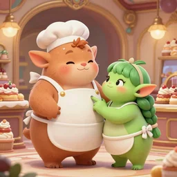 inside a fantasy dessert bakery one cute short fat obese kobold wearing aprons and a hat is blushing while one pretty chubby green goblin girl pokes her finger into the side of the kobold's belly and teases her, intricate, highly detailed, artstation, concept art, smooth, sharp focus, cute colorful scene, art by artgerm and greg rutkowski and wlop