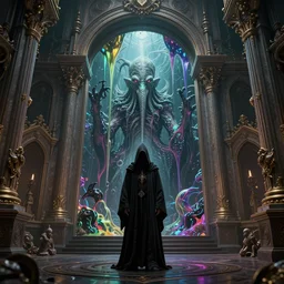 hooded necromancer in front of a cthulhu within a viscosity fluid lovecraft portal, wide - angle portrait photography, intricate architecture, baroque detailed, unreal engine, octane render, micro detail, digital art by dan mumford and peter mohrbacher and wayne barlowe, intricate detail, subsurface scattering, ray tracing, vivid colors, octane render