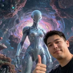 close offset portrait with subject in bottom right corner looking at viewer. giving a thumbsup!!!!!! to the camera. smartphone photo. instagram. interdimensional cosmic traveler takes a selfie in front of a bizarre exotic anomaly. futuristic alien smooth exosuit designed by. octane cg render, hdr, volumetric. artgerm, beeple.