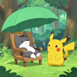 in a forest, a cat is slumped on a chair smoking a cigar, pikachu is standing next to him taking shelter with a green umbrella