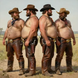 a homoerotic symmetrical painting by clyde aspevig, greg rutkowski, gaston bussiere, j. c. leyendecker of attractive thick hairy gunslinger and handsome beefy cowboy, they are in love standing back to back | bandoliers, shirtless, leather pants | natural lighting, path traced, highly detailed, high quality, trending on artstation