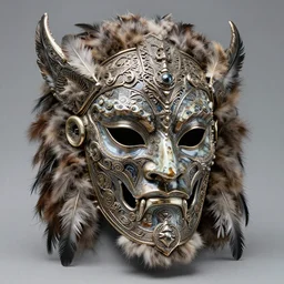 fantasy art ultra 4 k photo of a bizzare metal agate armor warrior mask made of ceramic fur and feather trim intricately spectacular magnificently carved by a master engraver by h. r. giger