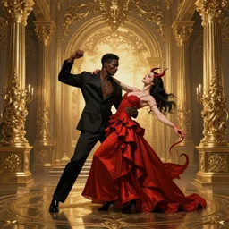 black man dancing with a female devil in red dress, Dark Souls 3 themed, in style of Ruan Jia, insanely detailed and intricate, golden ratio, elegant, ornate, luxury, elite, matte painting, cinematic, cgsociety, James jean, Brian froud, ross tran, Laputa, in the style of waya steurbaut