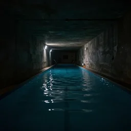 a long, dimly lit tunnel, filled with water like a swimming pool, dark and extremely moody, liminal space
