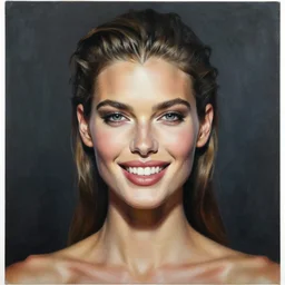 epic painting drawing, full portrait of a beautiful supermodel ( ( ( smiling ) ) ), dark smoky background, photography by amy leibowitz, wlop, jeremy lipkin, beeple, intricate, symmetrical front portrait, artgerm