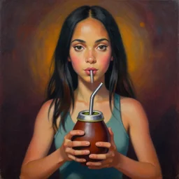 portrait of zoe saldana holding a yerba mate gourd with metal straw by mandy jurgens, cartoon, oil painting, visionary art, symmetric, dramatic ambient lighting, high detail, vibrant colors