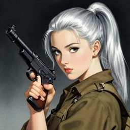 girl silver ponytail hair, holding a gun, vietnam war, illustration by Yoji Shinkawa and Krenz Cushart, cinematic portrait