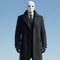 A game character wearing a dark formal overcoat and a white mask, highly detailed, high quality, 8k HDR,octane render, blue background, full-body, cinematic