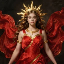 portrait of circe, the daughter of the sun god, a billowing red dress with gold trim and a gold necklace,