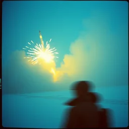kodak portra 4 0 0, wetplate, muted colours, blueberry and orange and teal, movie clockwerk orange, 1 9 1 0 s style, motion blur, portrait photo of a backdrop, explosions, rockets, bombs, sparkling, snow, fog, by georges melies and by britt marling