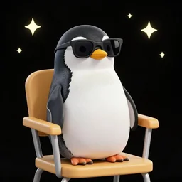 a penguin sitting in a chair with sunglasses on at night! black blackground with some stars and a light coming from above, vector art by tom whalen, trending on polycount, neo - dada, chillwave, global illumination, synthwave