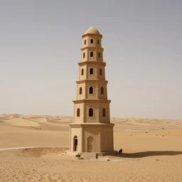 an old decaying tower in the middle of a vast desert, fantasy, hyper realistic, atmospheric lighting, 8k,