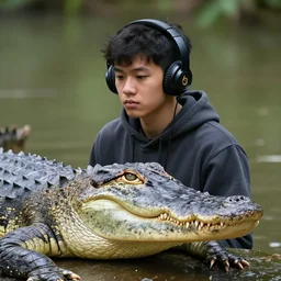 dslr portrait still of a alligator wearing a hoodie and beats by dre headphones, 8 k 8 5 mm f 1. 4