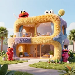 detailed architectural render of a futuristic home furry fuzzy muppets shape sesame street surreal atmosphere inspired by postmodernism hyperreal hyperdetailed 3 d samaritual 8 k real engine
