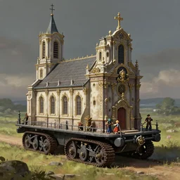 a mobile driving ornate baroque church mounted on chain drive, warhammer 4 0, scene in an open field. key visual, conceptart, ambient lighting, highly detailed, digital painting, artstation, concept art, sharp focus, by makoto shinkai and akihiko yoshida and kris kuksi