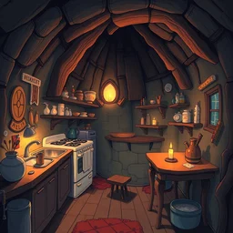 naive, weird perspective, cel shading, epic detailed illustration of a kitchen dim lit by 1 candle in a scenic spiral environment by anton fadeev from lorax movie, trending artstation