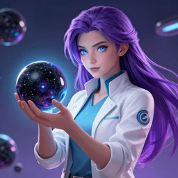 arcane concept art beautiful female scientist holding spherical black hole in her hand, long purple hair, blue eyes, art by charles liu, perfect angle, fantasy style, vibrant colour scheme, ultra detailed, volumetric lighting, octane render, commission art
