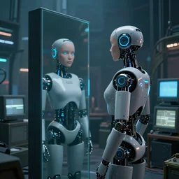humanoid robot staring at her reflection in a monolith, from 2001, in an urban jungle, volumetric lighting, surrounded by crt monitors, low-light photograph, in the style of jack bridgeland
