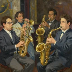 a painting of a group of men playing instruments, a jazz band in new orleans, by rossdraws, wlop, greg rutkowski, ghibli