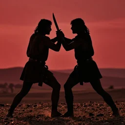 cinematic still of silhouettes of two men fighting in ancient Canaanite clothing, wrestling, knife, middle eastern field background, red hues, directed by Russell Mulcahy