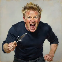 norman mingo painting, gordon ramsay screaming, exaggerated proportions, caricature, realistic! ( painterly ), visible brush strokes, vintage, hd, crisp