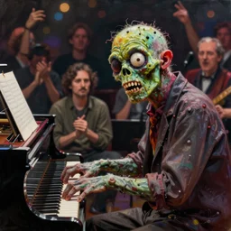 a bokeh photo of a zombie pianist in concert, documentary film, an ultrafine detailed painting by james jean, cgsociety, figurative art, detailed painting, dystopian art, high detail greg rutkowski and andreas rocha, tristan eaton, victo ngai, artgerm, rhads, ross draws