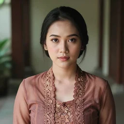 portrait of lindsey pelas wearing kebaya in java, by charlotte grimm, natural light, detailed face, beautiful features, symmetrical, canon eos c 3 0 0, ƒ 1. 8, 3 5 mm, 8 k, medium - format print, half body shot