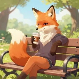 furry artwork of female fox sitting on a park bench enjoying a coffee, sunny day, furry art, furry, furaffinity, deviantart furry, anthro,