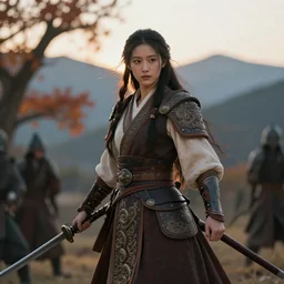 gorgeous warrior princess in a battle scene, open long hair, beautiful intricately decorated clothing, natural pose, mountains on the back, autumn tree, backlight, dusk, shallow depth of field, fantasy matte painting, coherent composition, karole bak, mohrbacher, hasui kawase