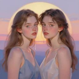portrait of two beautiful girls, elegant dresses, intimate, pastel sunset colors, beautiful face, rule of thirds, spotlight, drips of paint, expressive, passionate, by greg rutkowski, by jeremy mann, by francoise nielly, by van gogh, digital painting