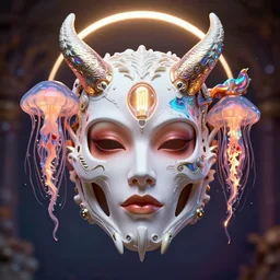 symmetrical biomechanical mask of a demon by Roberto Ferri. beautiful princess face. Edison bulb. white plastic. human skull jellyfish butterfly phoenix head. burning water. baroque ornament details, intricate artwork by Tooth Wu and wlop and beeple and dan mumford and greg rutkowski. halo. octane render, cinematic, hyper realism, octane render, 8k, depth of field, bokeh. iridescent touch. vibrant. saturated