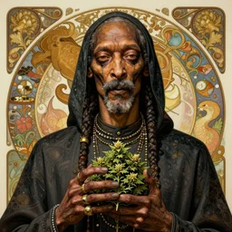 Snoop Dog as God of Weed, brutal, epic, intricate, elegant, highly detailed, digital painting, 4k, HDR, concept art, smooth, sharp focus, illustration, art by alphonse mucha,artgerm, H R Giger