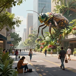 an concept art illustration, photorealistic people working, downtown street, large insect and plant biomes, ultra realistic, style by wlop, trending in artstation, cgsociety, octane render, ultra sharp, concept illustration, digital painting, 8 k