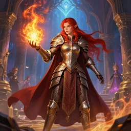 a female elven cleric with red long hair, very good beautiful heavy scale armor, wearing a cape, casting a fire spell, dungeon background, magical, bright, colorful, fantastic lighting, amazing details, 4 k uhd, illustration by stephanie brown and mingchen shen and ilya kuvshinov, artstation, pixiv, concept art,