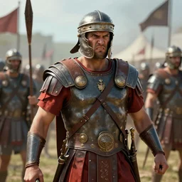 a roman solider going into battle with a face that is angry and one that of breavey, 4 k, unreal engine 6, very detailed, high quality, highly rendered