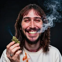 jesus smoking weed, red eyes, smoke, happy