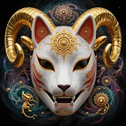 3 d god fractal close - up frontal portrait with ram golden mandala wired mandelbulb skull. beautiful mandelbrot intricately detailed japanese fractal kitsune mask and clasical mandelbulb, nebula, water, wind, creature, mandelbulb, fractal, artwork by tooth wu and wlop and beeple and greg rutkowski