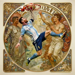 Messi dunking on Ronaldo in the NBA, D&D, fantasy, intricate, elegant, highly detailed, digital painting, artstation, concept art, matte, sharp focus, illustration, art by Artgerm and Greg Rutkowski and Alphonse Mucha