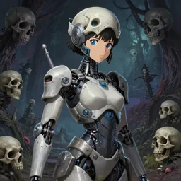 detailed, sharp, cute humanoid digital cyber android female warrior wearing skulls by Anna Dittmann and by studio ghibli and Tim Burton and Junji Ito and Zdzislaw Beksinski. digital art. surreal. featured on art station. anime arts. featured on Pixiv, HD, 8K, highly detailed, good lighting