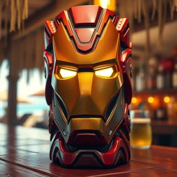 a closeup photorealistic photograph of an iron man style tiki mug at a trader vic's beach bar featuring the face of iron man. tiki party. bright scene. fine detail. this 4 k hd image is trending on artstation, featured on behance, well - rendered, extra crisp, features intricate detail, epic composition and the style of unreal engine.