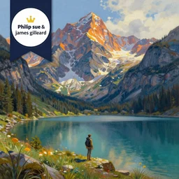 digital painting of mountain landscape with a lake and character near the water, very smooth, by philip sue art, by philip sue and james gilleard, contest winner on behance, pastel colors, xpen drawing