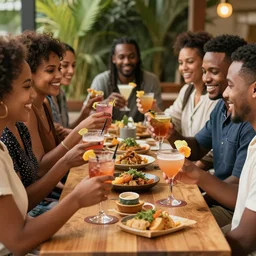 diverse group of people enjoying cocktails, stock photography, hyper realism, food photography, canon, photography award, super detailed, south africa,