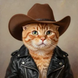 a portrait of an orange kitten wearing a cowboy hat and a black leather jacket, oil painting, detailed