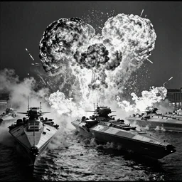 fleet of cyberpunk warships exploding and burning, wide shot, 120 black and white film