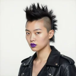 three quarter close up portrait painting of a young asian woman with a mohawk haircut, wearing a leather jacket, purple lips, white backdrop by kehinde wiley, kadir nelson