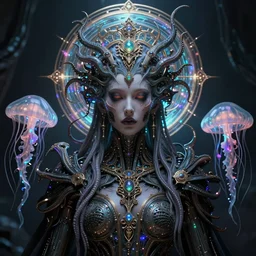 queen of death. intricate portrait, occult cyberpunk, ancient futuristic, dark art, occult. intricate biomechanical, bioluminescent halo, cybernetic jellyfish, tentacles, by Petros Afshar, by artgerm, by Eddie Mendoza, by Peter mohrbacher by tooth wu, unreal engine, octane render, cinematic light, high details, iridescent colors