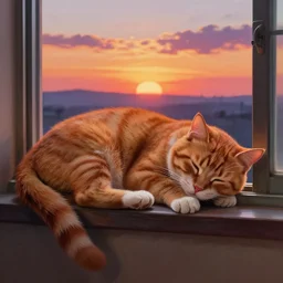 sharp focus, breath taking beautiful, aesthetically pleasing, gouache ginger cat sleeping on a window sill, sunset, concept art by hayao miyazaki and kuniyoshi utagawa, fine art, ambient lighting, hdr, 8 k, cinematic, high quality art, dynamic, energetic, lively, elegant, intricate, high detail, rich textured, masterpiece.